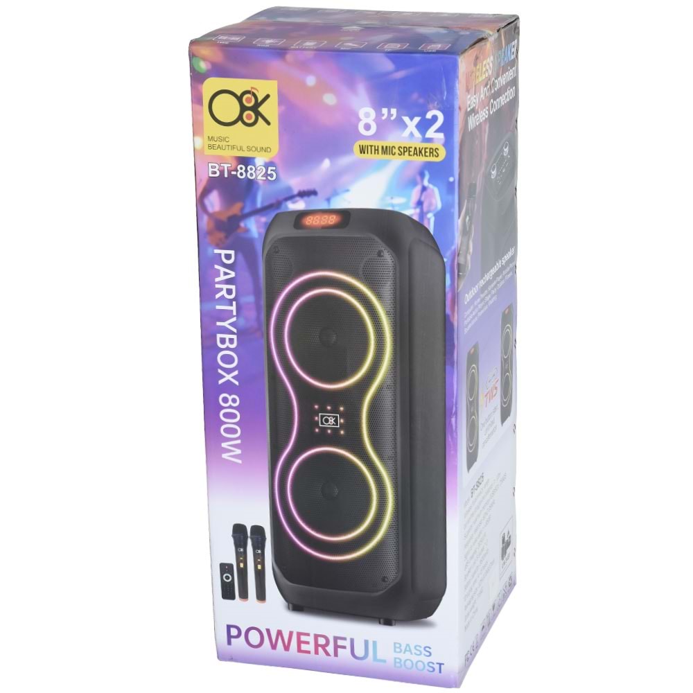 O8K Bluetooth ve USB Girişli 2X8 İnch Şarjlı Işıklı 2 El Mikrofonlu Müzik Sistemi BT-8825