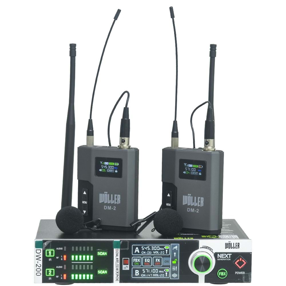 WÖLLER Çift Kanal 2 Yaka Kablosuz True Diversity UHF Kablosuz Mikrofon DW-200 YY