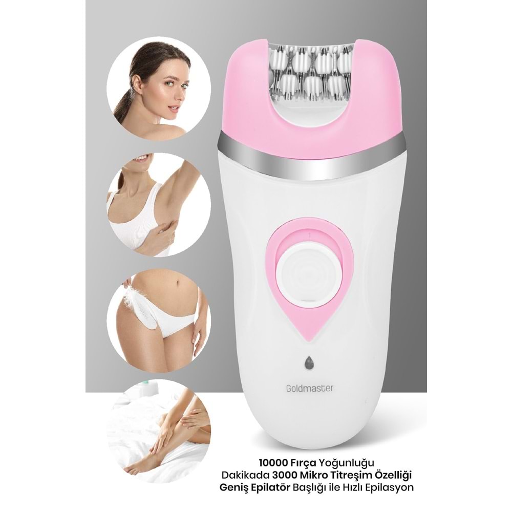GOLDMASTER Peri Şarjlı Islak Kuru LED Işıklı 2 in1 Epilatör ve Masaj Başlığı Epilasyon Cihazı GM-8166