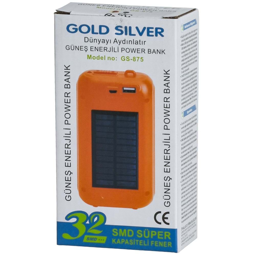 GOLD SILVER 32 Ledli Usb Ve Solar Şarjlı Powerbank Fener GS-875