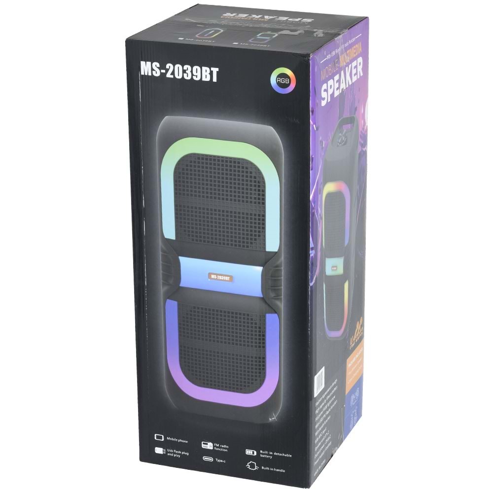 MS Bluetooth ve USB Girişli 2X8 İnch Şarjlı Işıklı Müzik Sistemi MS-2039 BT