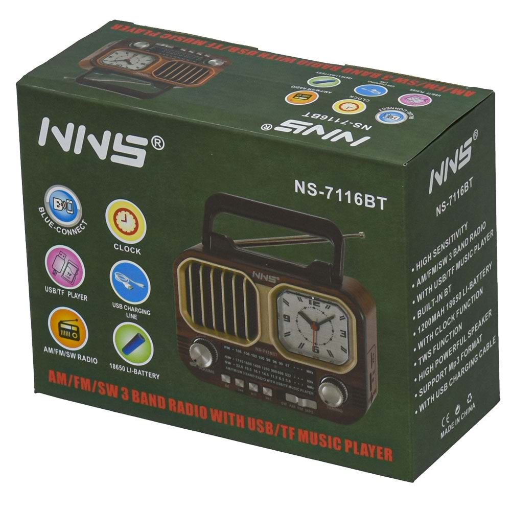 NNS Usb Bluetooth lu Şarjlı Saat li FM Radyo NS-7116 BT