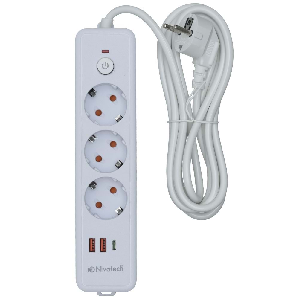 NİVATECH 3 Lü 3 Mt USB Şarjlı Akım Korumalı Topraklı Priz NTC-3220-3