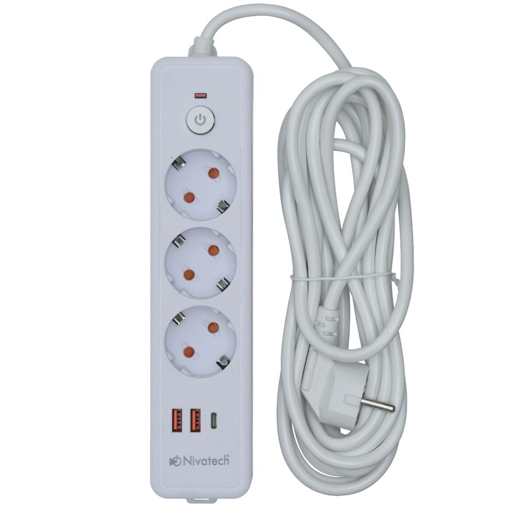 NİVATECH 3 Lü 5 Mt USB Şarjlı Akım Korumalı Topraklı Priz NTC-3220-5