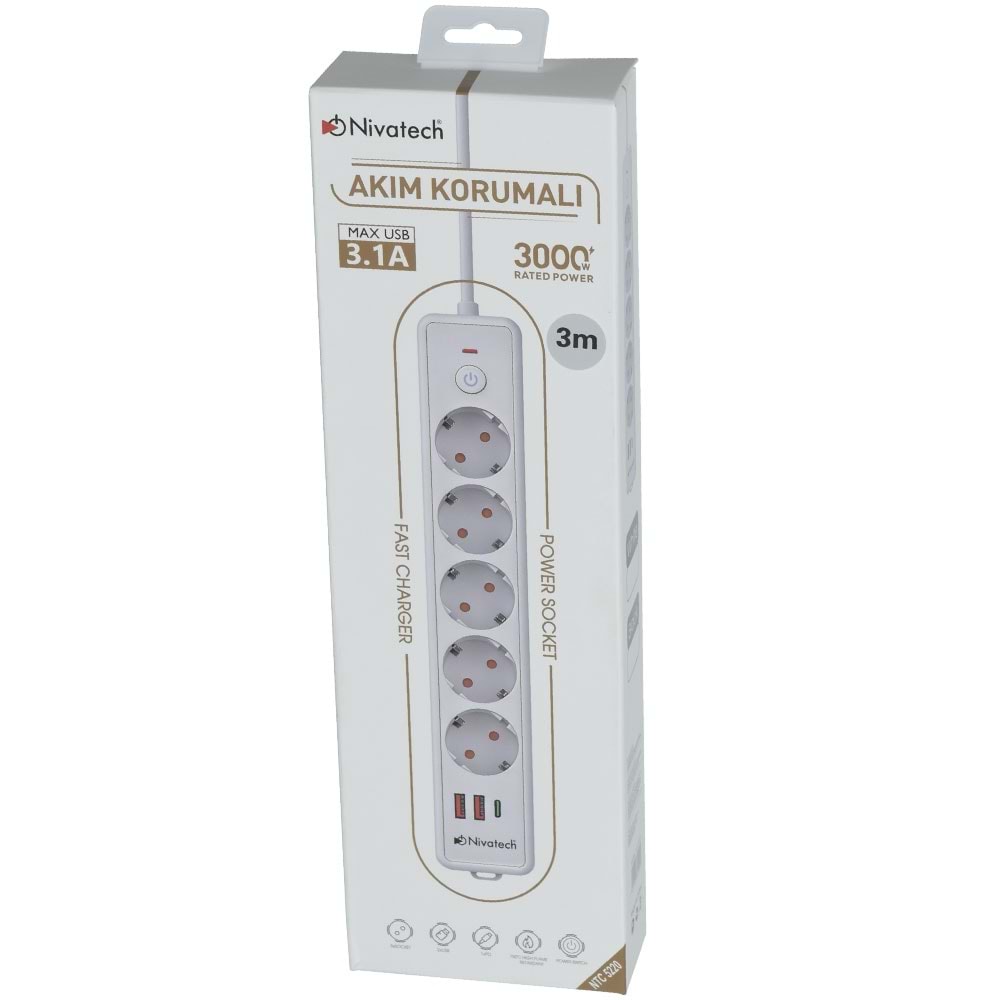NİVATECH 5 Li 3 Mt USB Şarjlı Akım Korumalı Topraklı Priz NTC-5220-3