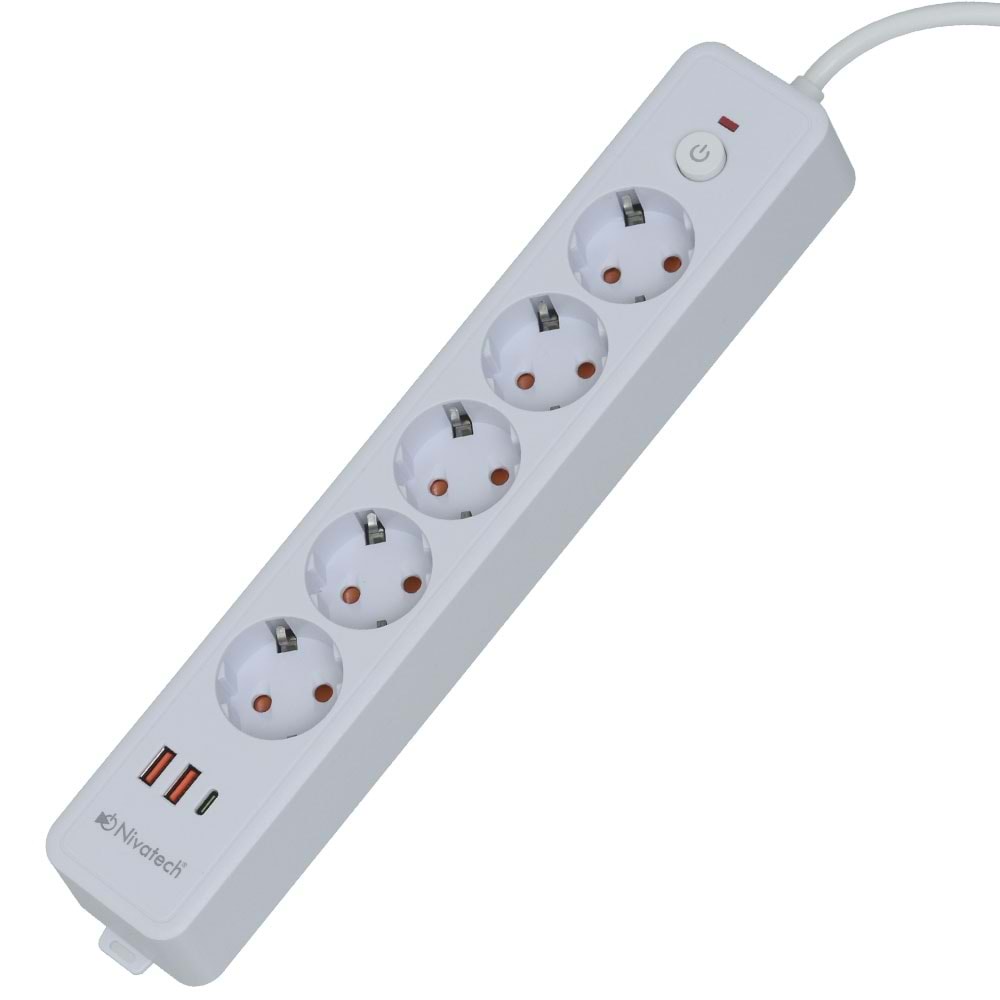 NİVATECH 5 Li 5 Mt USB Şarjlı Akım Korumalı Topraklı Priz NTC-5220-5