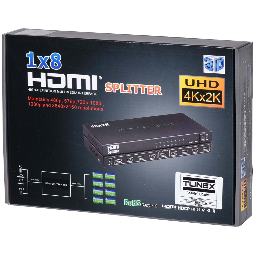 TUNEX 8'Li 4K HDMI Splitter (Çogaltıcı) TNX-1008