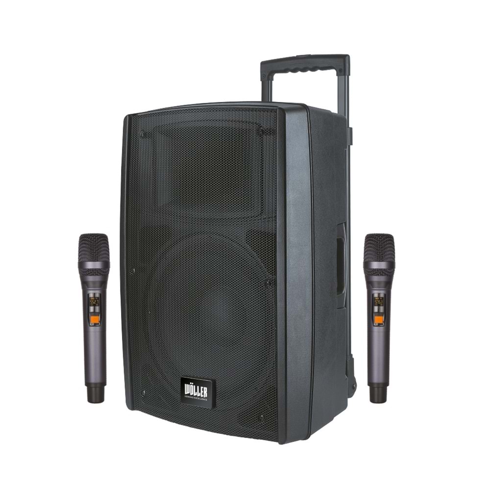 WÖLLER 12'' 400W Bluetooth ve USB Girişli 2 El Telsiz Mikrofon 16 DSP Efekt Şarjlı Portatif Hoparlör W-1230 DSP