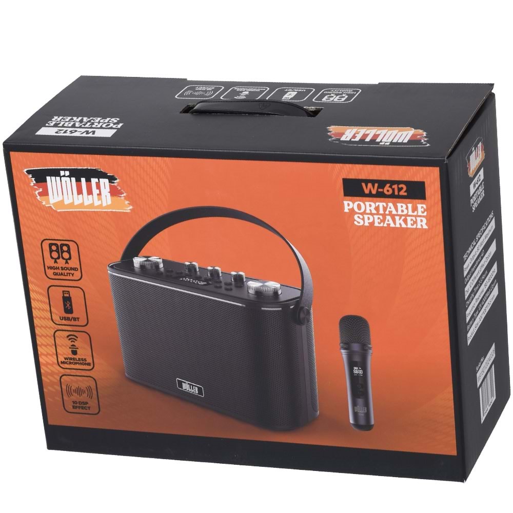 WÖLLER 150W Bluetooth ve USB Girişli Tek El Kayıtlı Şarjlı Portatif Amfi W-612 H