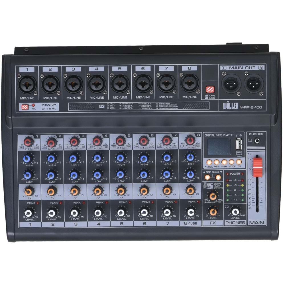 WÖLLER 8 Kanal 2X200W Usb-Bt 16 Dsp Efect Power Mixer WRP-8400