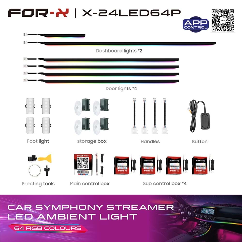 FOR-X Renkli Ortam Işığı Led 18 Işık / 64 RGB Renk Uygulama X-24LED64P