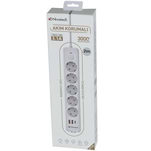 NİVATECH 5 Li 2 Mt USB Şarjlı Akım Korumalı Topraklı Priz NTC-5220-2