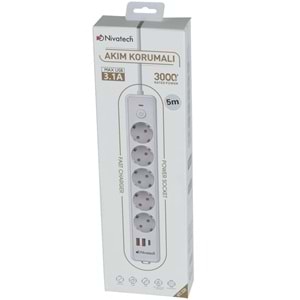 NİVATECH 5 Li 5 Mt USB Şarjlı Akım Korumalı Topraklı Priz NTC-5220-5