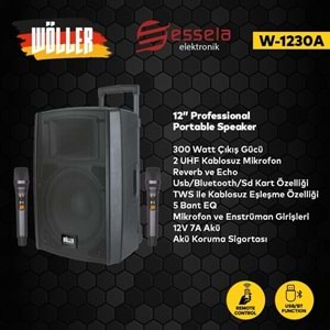 WÖLLER 12'' 300W Bluetooth ve USB Girişli 2 El Uhf Mic Eco Reverb Şarjlı Portatif Hoparlör W-1230 A