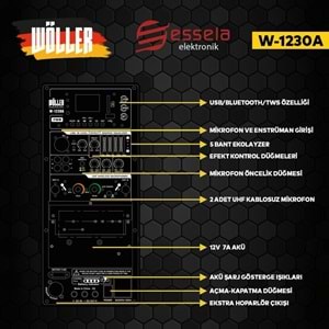 WÖLLER 12'' 300W Bluetooth ve USB Girişli 2 El Uhf Mic Eco Reverb Şarjlı Portatif Hoparlör W-1230 A
