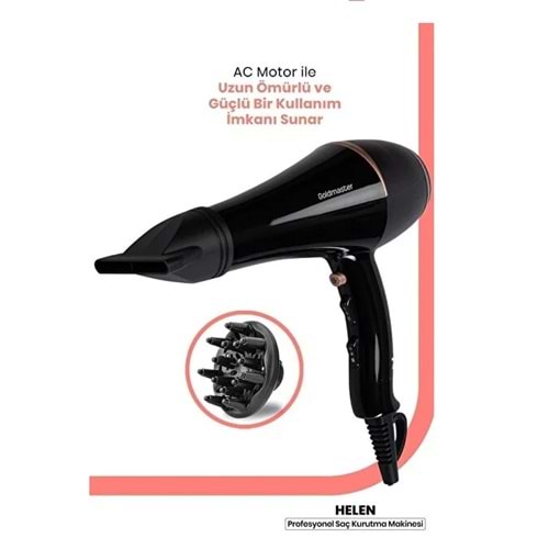 GOLDMASTER Helen Profesyonel Turbo Ultra Ince Kuaför Fön Makinesi Ve Difüzör Başlıklı Saç Kurutma Fön Makinesi GM-7188
