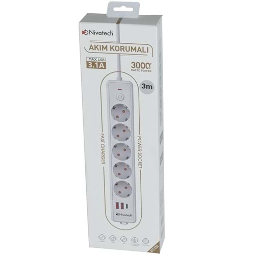 NİVATECH 5 Li 3 Mt USB Şarjlı Akım Korumalı Topraklı Priz NTC-5220-3