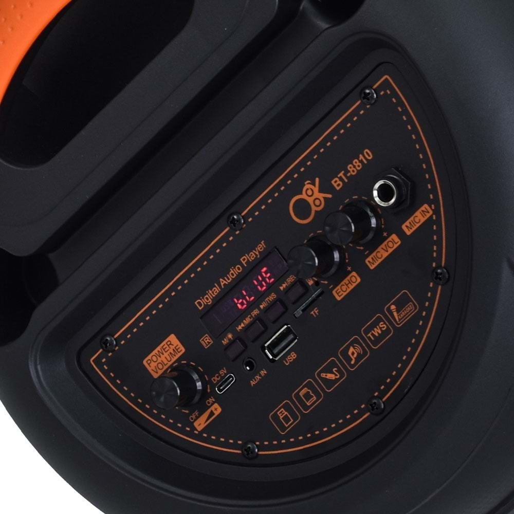O8K Bluetooth ve USB Girişli 2X8 İnch Şarjlı Işıklı 1 El Mikrofonlu Müzik Sistemi BT-8810