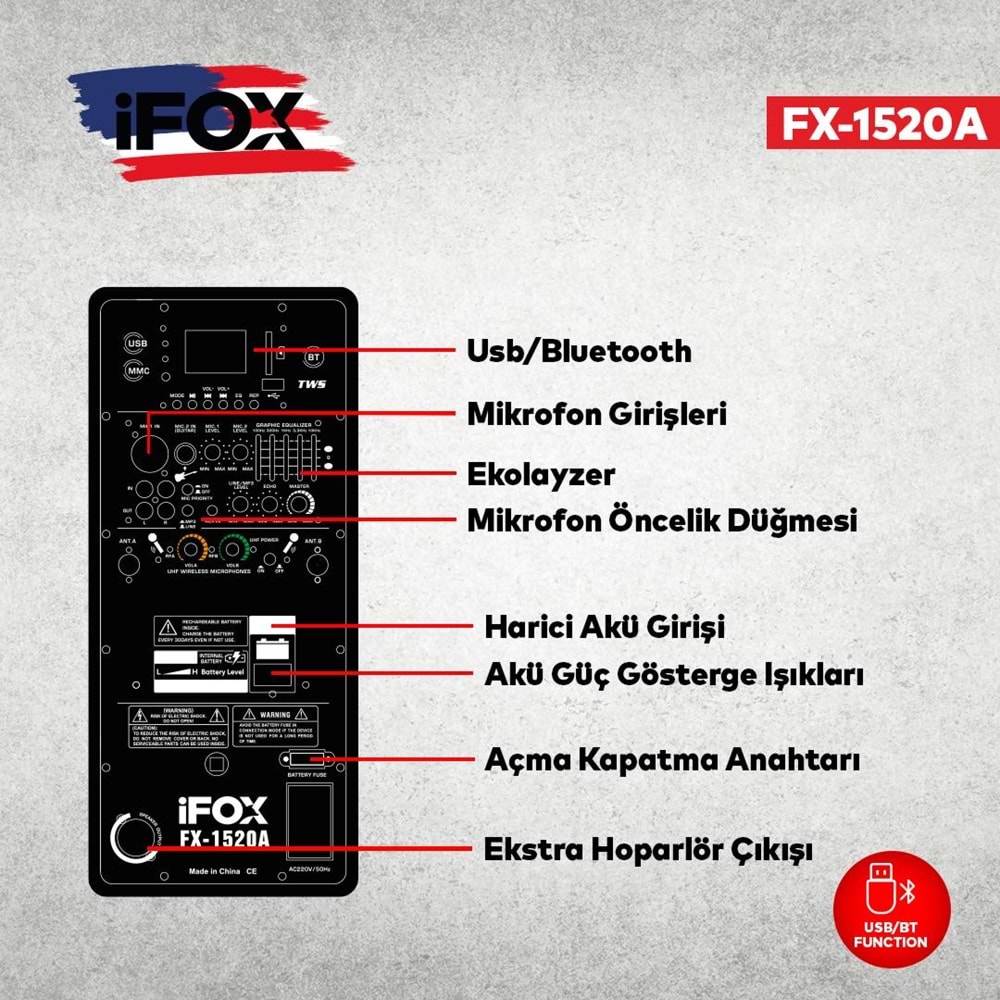 IFOX 15'' Uhf Usb-Sd-Bt 2 El Aktif Kabin Hoparlör FX-1520 A