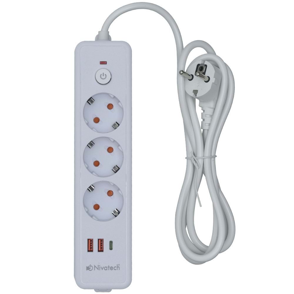 NİVATECH 3 Lü 2 Mt USB Şarjlı Akım Korumalı Topraklı Priz NTC-3220-2