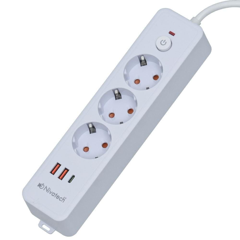 NİVATECH 3 Lü 2 Mt USB Şarjlı Akım Korumalı Topraklı Priz NTC-3220-2