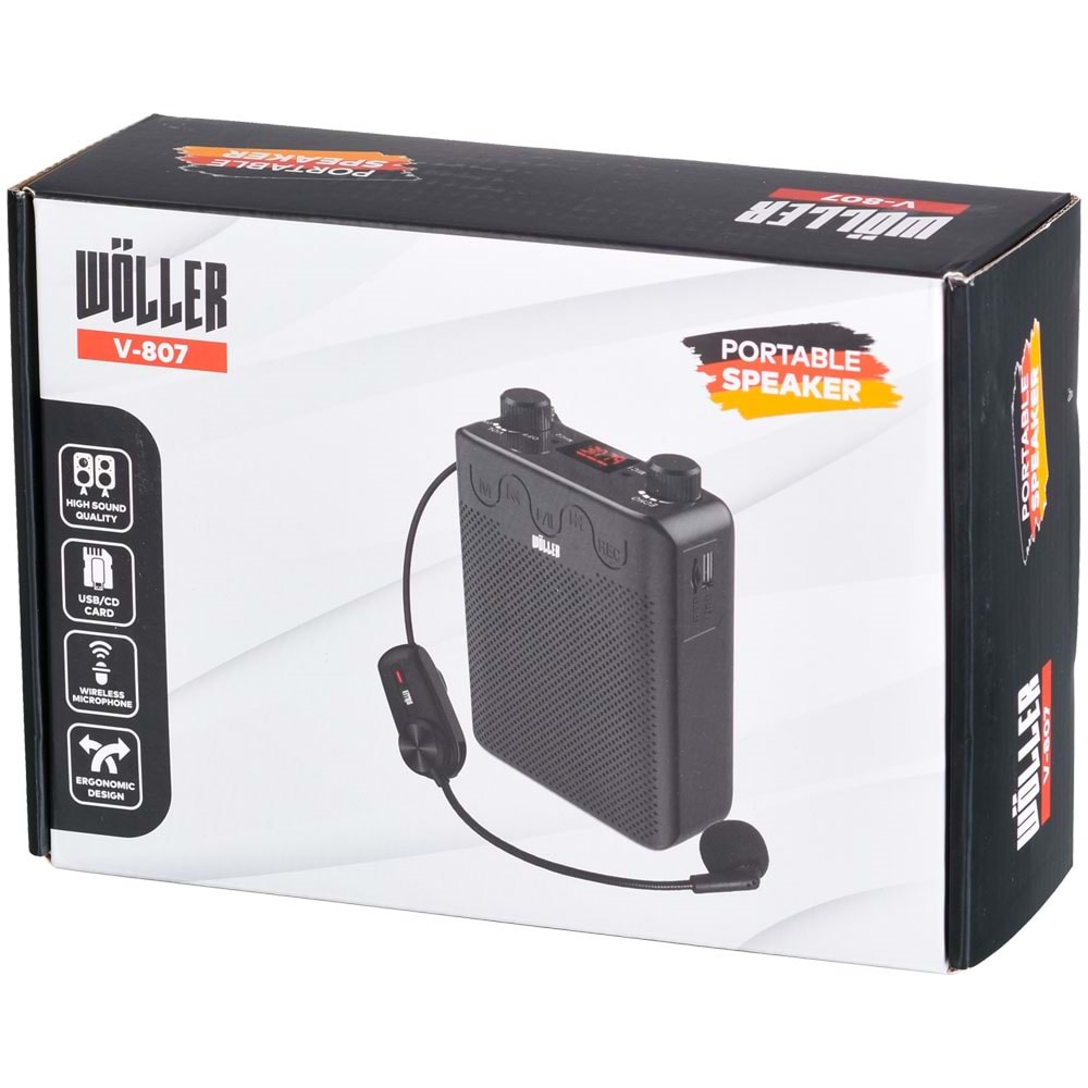 WÖLLER 50W Bluetooth ve USB Girişli Kayıtlı Şarjlı Rehber Amfisi V-807