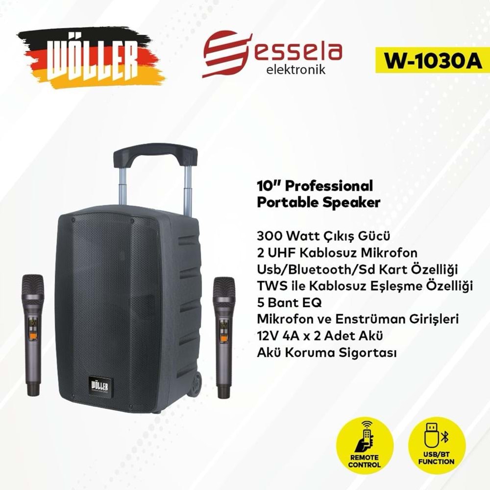 WÖLLER 10'' 300W Bluetooth ve USB Girişli 2 El Uhf Mic Eco Şarjlı Portatif Hoparlör W-1030 A
