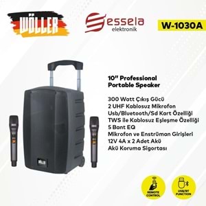 WÖLLER 10'' 300W Bluetooth ve USB Girişli 2 El Uhf Mic Eco Şarjlı Portatif Hoparlör W-1030 A
