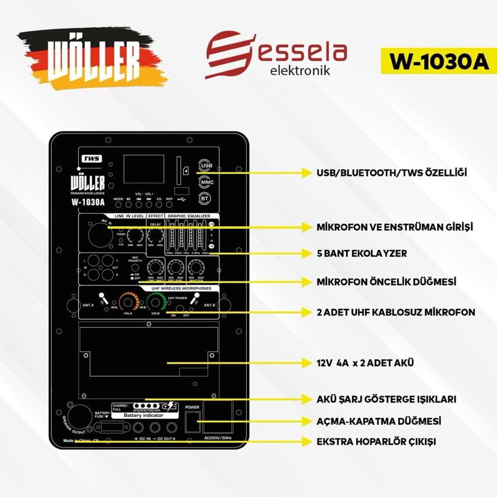 WÖLLER 10'' 300W Bluetooth ve USB Girişli 2 El Uhf Mic Eco Şarjlı Portatif Hoparlör W-1030 A