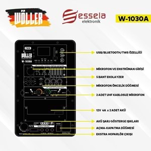 WÖLLER 10'' 300W Bluetooth ve USB Girişli 2 El Uhf Mic Eco Şarjlı Portatif Hoparlör W-1030 A