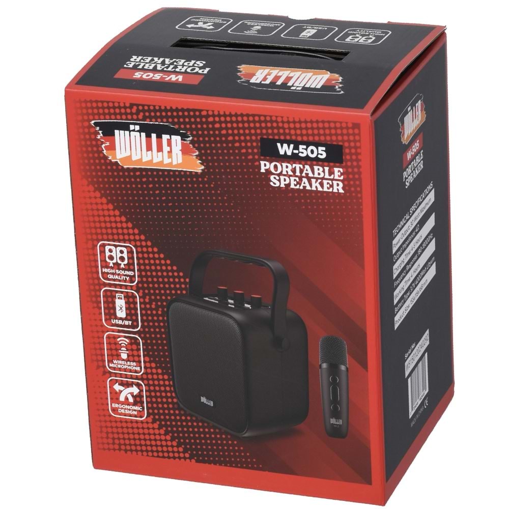 WÖLLER 70W Bluetooth ve USB Girişli Tek El Kayıtlı Şarjlı Portatif Amfi W-505 E