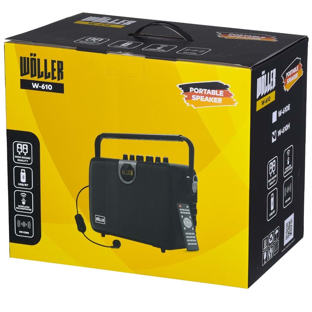 WÖLLER 100W Bluetooth ve USB Girişli Headset Kayıtlı Şarjlı Portatif Amfi W-610 H