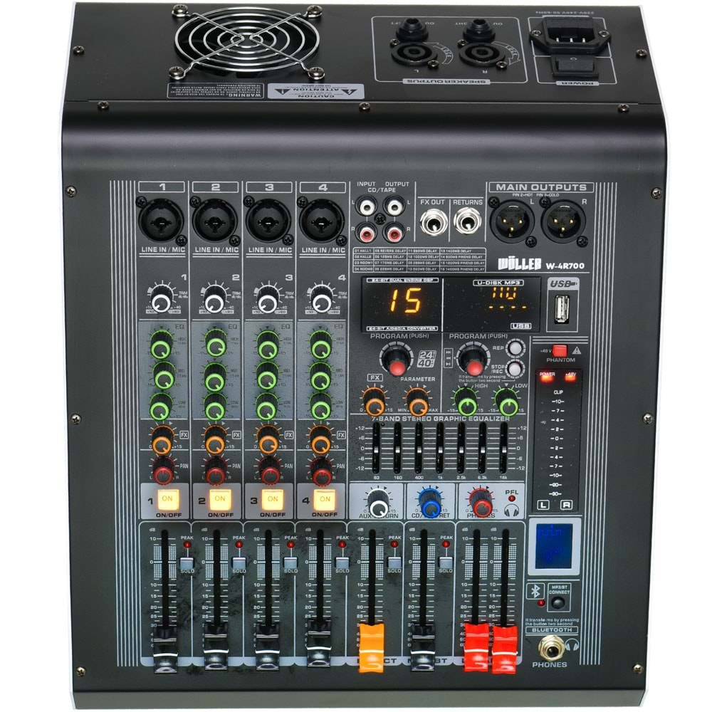 WÖLLER 4 Kanal 2X350W Usb-Bt +48V 16 Dsp Efect Power Mixer W4-R700