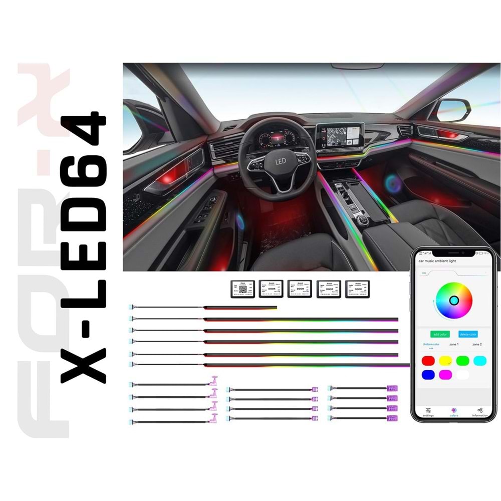 FOR-X Renkli Ortam Işığı Led 18 Işık / 64 RGB Renk Uygulama X-LED-64